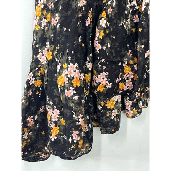 American Eagle Boho Floral Ruffle Kimono Cardigan One Size Black Pink - Picture 14 of 16